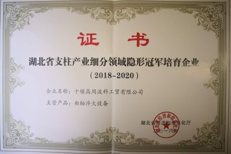 2018年曲軸淬火設(shè)備獲得湖北省支柱產(chǎn)業(yè)細分領(lǐng)域隱形冠軍培育企業(yè)